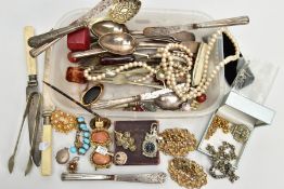 A BOX OF ASSORTED ITEMS, to include a gilt bracelet, set with five oval goldstone stones, an
