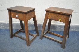 A PAIR OF EARLY 20TH CENTURY OAK LABORATORY STOOLS, height 51cm (condition - surface marks, screw