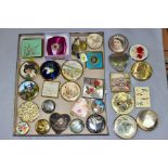 A BOX OF THIRTY POWDER COMPACTS, to include a boxed Cozy compact printed with cherry blossom, an art