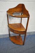 A GEORGIAN MAHOGANY CORNER WASH STAND, with raised back and two drawers, width 58cm x depth 39cm x