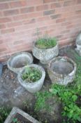 TWO COMPOSITE CIRCULAR PLANTERS and two circular urns, the largest, diameter 42cm x height 45cm