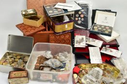 BOXES AND TINS OF MIXED WORLD COINS, to include a possibly rare Edward VIII (white metal) coronation