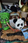 THREE BOXES AND LOOSE SUNDRY ITEMS ETC, to include a quantity of fancy dress costumes and masks, a