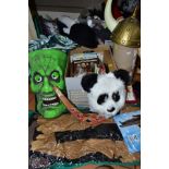 THREE BOXES AND LOOSE SUNDRY ITEMS ETC, to include a quantity of fancy dress costumes and masks, a