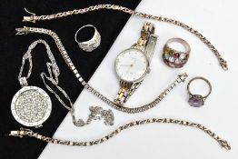 AN ASSORTMENT OF WHITE METAL JEWELLERY AND A FASHION WRISTWATCH, to include three line bracelets,