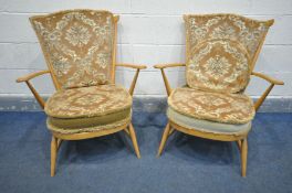 A PAIR OF ERCOL MODEL 359 ELM AND BEECH WINDSOR EASY CHAIR, with open armrests, with original