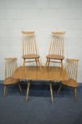 AN ERCOL MODEL 383 ELM AND BEECH DROP LEAF DINING TABLE, on square tapered legs, open length 138cm x