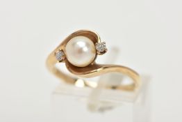 A 9CT GOLD CULTURED PEARL AND DIAMOND RING, a single white cultured pearl with a cream hue,