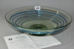 A WHITEFRIARS BLUE AND GREEN CIRCULAR BOWL WITH STEPPED EXTERIOR, on a short pedestal foot, the