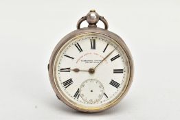 A SILVER CASED POCKET WATCH, key wound, open face, white round dial signed 'English lever the