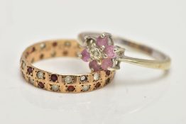 THREE YELLOW METAL RINGS, to include a full eternity ring set with garnets and colourless spinels,