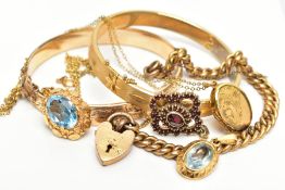 SEVEN PIECES OF GOLD-PLATED JEWELLERY, to include a hinged bangle decorated with a floral engraving,