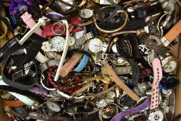 A BOX OF ASSORTED LADIES, GENTS AND CHILDRENS WRISTWATCHES, mostly quartz movements, all in used
