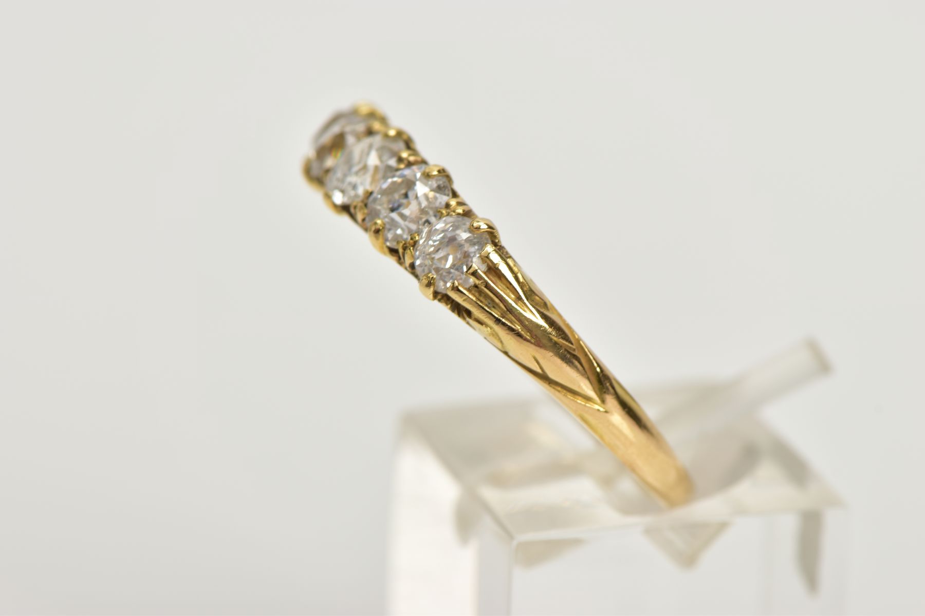 A YELLOW METAL FIVE STONE DIAMOND RING, designed with a row of five old cut diamonds, estimated - Image 2 of 4