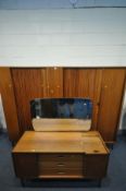 A MID-CENTURY AUSTINSUITE TEAK TAMBOUR DOOR BEDROOM SUITE, comprising dressing table with a single