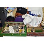 TWO BOXES AND LOOSE LADIES ACCESSORIES, SUITCASES, VINTAGE LINENS, SEWING MACHINE PARTS AND SUNDRY