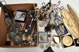 A BOX OF ASSORTED ITEMS, to include a selection of white metal jewellery, some stamped silver,