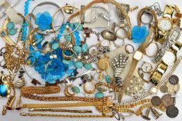 A BAG OF ASSORTED JEWELLERY AND WRISTWATCHES, to include a signed Swarovski necklace, and assortment