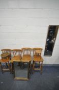 TWO PAIRS OF PINE HIGH STOOLS, tallest height 97cm x lowest height 90cm, a small pine stool, an