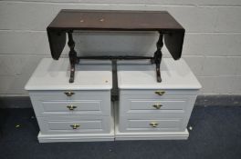 A PAIR OF WHITE HAMMONDS TWO DRAWER CHEST OF TWO DRAWERS AND SINGLE SLIDE, along with a mahogany