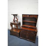 A SELECTION OF MAHOGANY FURNITURE, to include an open bookcase with two drawers, a nest of three