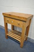 A BESPOKE PINE WORKBENCH, with a single drawer, and slatted undershelf, width 75cm x depth 45cm x