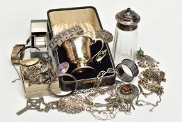 A SELECTION OF SILVER AND WHITE METAL ITEMS, to include a cased silver christening cup, bell shape