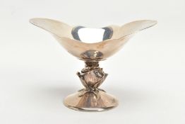 A SILVER BONBON DISH, oval bonbon dish with a part scalloped rim, raised on a stem detailed as a