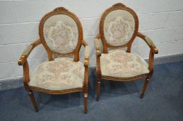 A PAIR OF FRENCH STYLE OPEN ARMCHAIRS, with an oval back and needlework upholstery (good condition)