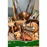 TWO BOXES OF TREEN AND METALWARES, to include a carved and stained Polish walking stick, a brass