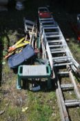 A SET OF DOUBLE EXTENSION 3.5M WOODEN FRAMED LADDERS, two aluminium step ladders, small set of