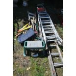 A SET OF DOUBLE EXTENSION 3.5M WOODEN FRAMED LADDERS, two aluminium step ladders, small set of