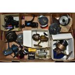 A BOX OF VINTAGE FISHING REELS ETC, comprising a J.W. Young Pridex centrepin reel, Intrepid Rimfly