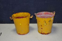 TWO VINTAGE FIRE BUCKETS over painted in yellow