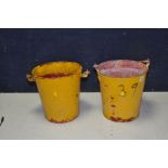 TWO VINTAGE FIRE BUCKETS over painted in yellow