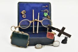 A BOX OF ASSORTED ITEMS, to include six early 20th century stick pins, a large AF bloodstone brooch,