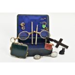 A BOX OF ASSORTED ITEMS, to include six early 20th century stick pins, a large AF bloodstone brooch,