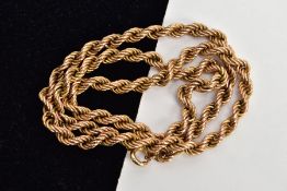 A 9CT GOLD ROPE TWIST CHAIN, fitted with a spring clasp, hallmarked 9ct Sheffield import, length