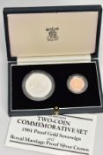 A TWO COIN GOLD AND SILVER SET, to include: a 1981 full gold proof sovereign, and a Charles and