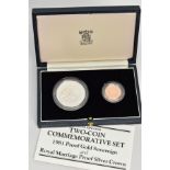 A TWO COIN GOLD AND SILVER SET, to include: a 1981 full gold proof sovereign, and a Charles and