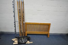 A MODERN OAK 4FT6 BED FRAME, with a bag of slats, bolts (good condition)