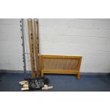 A MODERN OAK 4FT6 BED FRAME, with a bag of slats, bolts (good condition)