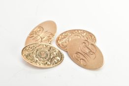 A PAIR OF 9CT GOLD CUFFLINKS, a pair of oval chain link cufflinks, one side decorated with an