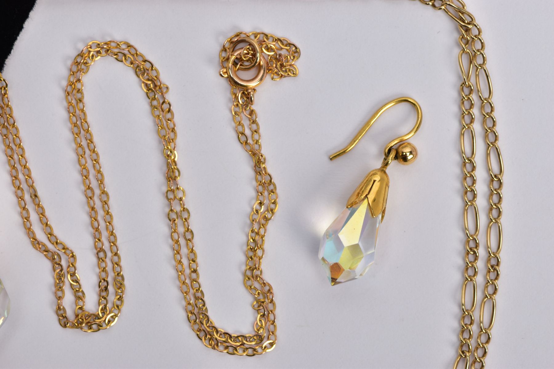 A 9CT GOLD CRYSTAL NECKLACE AND EARRING SET AND A YELLOW METAL CHAIN, a briolette faceted crystal - Image 2 of 3
