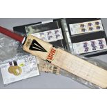 A SIGNED CRICKET BAT AND FIRST DAY COVERS, including a Duncan Fearnley cricket bat with Tetley