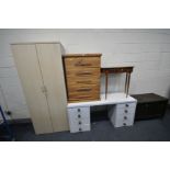 A WHITE VENEER DESK WITH TWO BANKS OF FOUR DRAWERS, length 153cm x depth 52cm x height 70cm a pine