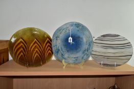 THREE STUDIO GLASS CHARGERS, comprising a Karen Lawrence frosted and mottled blue/brown example,