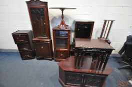A SELECTION OF MAHOGANY FURNITURE, to include a glazed corner cupboard, two hi-fi cabinets, corner