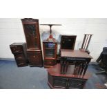 A SELECTION OF MAHOGANY FURNITURE, to include a glazed corner cupboard, two hi-fi cabinets, corner