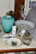 A GEORGE III SILVER FIDDLE PATTERN TABLESPOON AND A GROUP OF GLASS, CERAMICS, ETC, including two